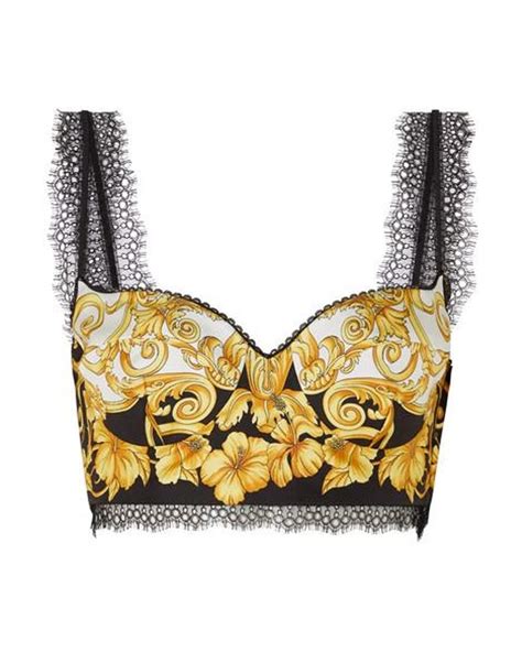 versace lace-trimmed printed silk-twill bustier top|Versace women's shirts.